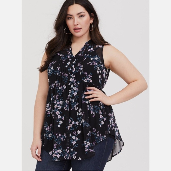 torrid Tops - Torrid Black Floral Sleeveless Sheer Chiffon Pintuck Tunic Tank Top Size 1X